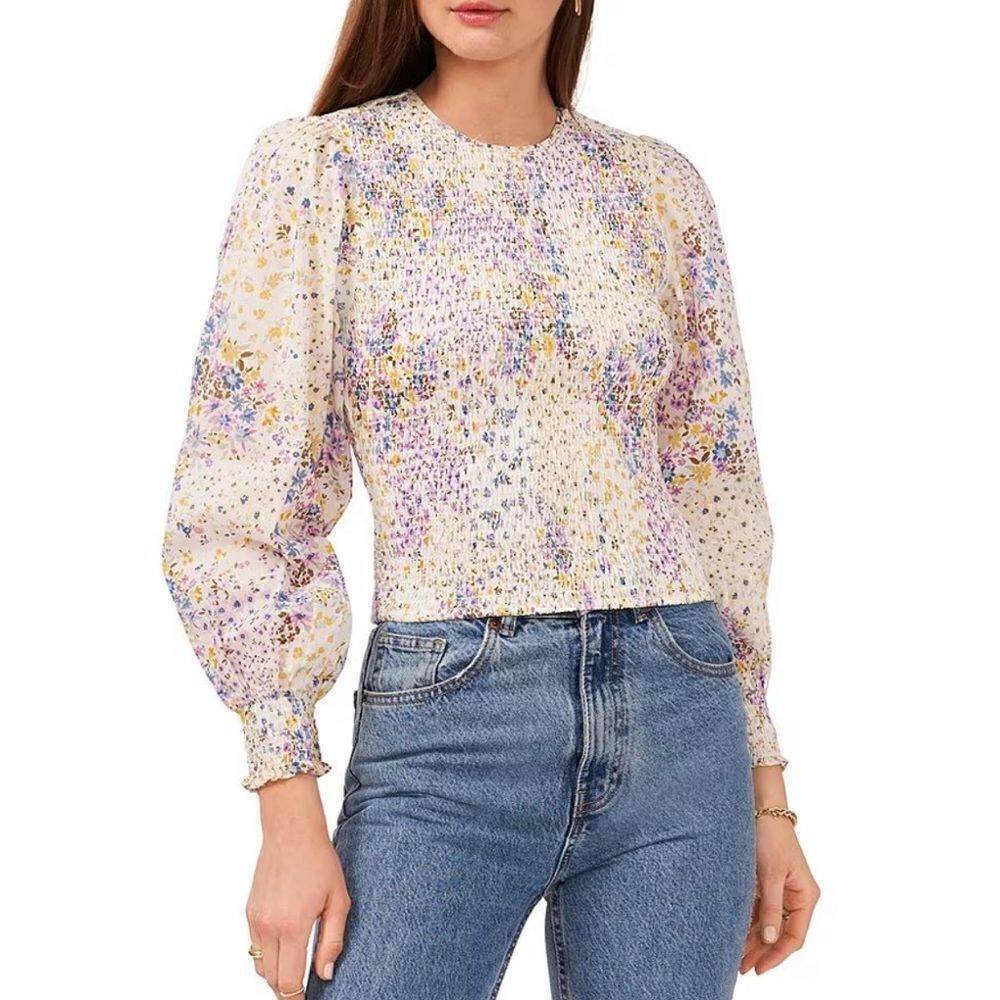 1. STATE Floral Print Long Puffed Sleeve Smocked Blouse Size M